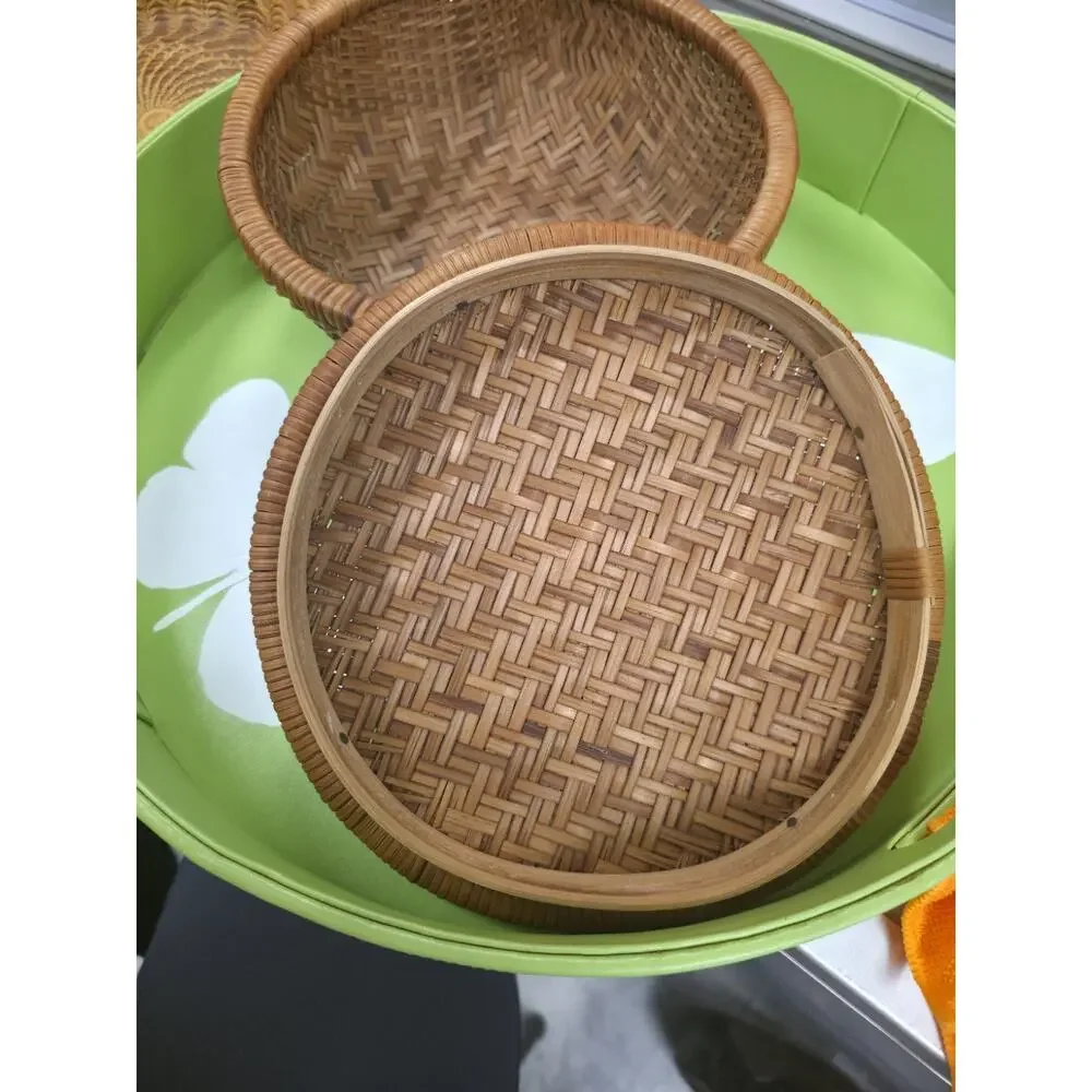 Vintage Handwoven Bamboo Basket with Lid Round Wicker Storage Container